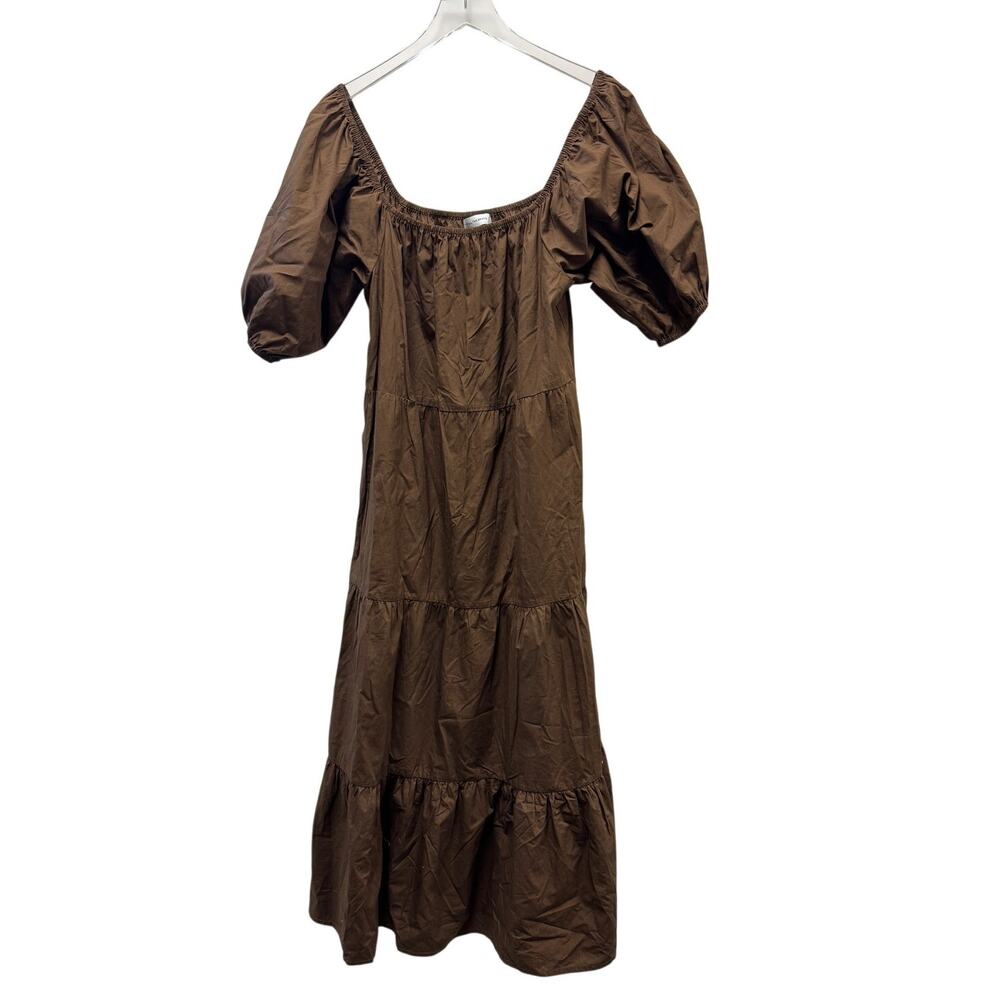 Faithfull the Brand Puff Sleeve Off Shoulder Maxi Tiered Dress Brown Sz 8